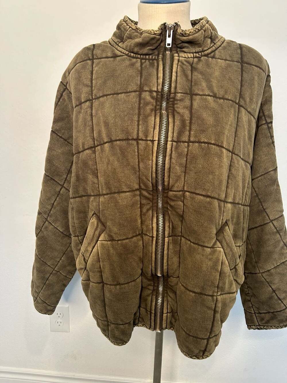 Free People Quilted Zip Jacket XL Olive Green Distressed